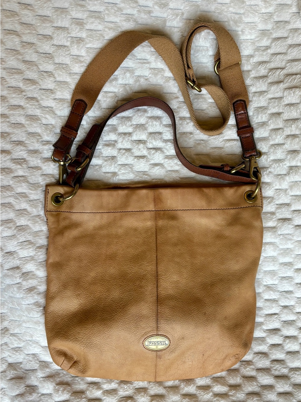 Fossil tan, leather, rustic, tote, bag, convertible straps, antique brass
